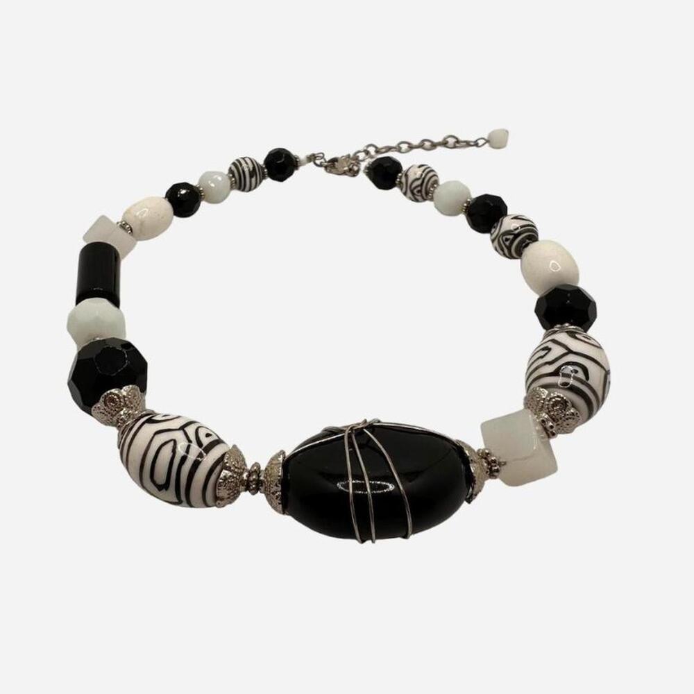 Black white chunky statement necklace, handmade look